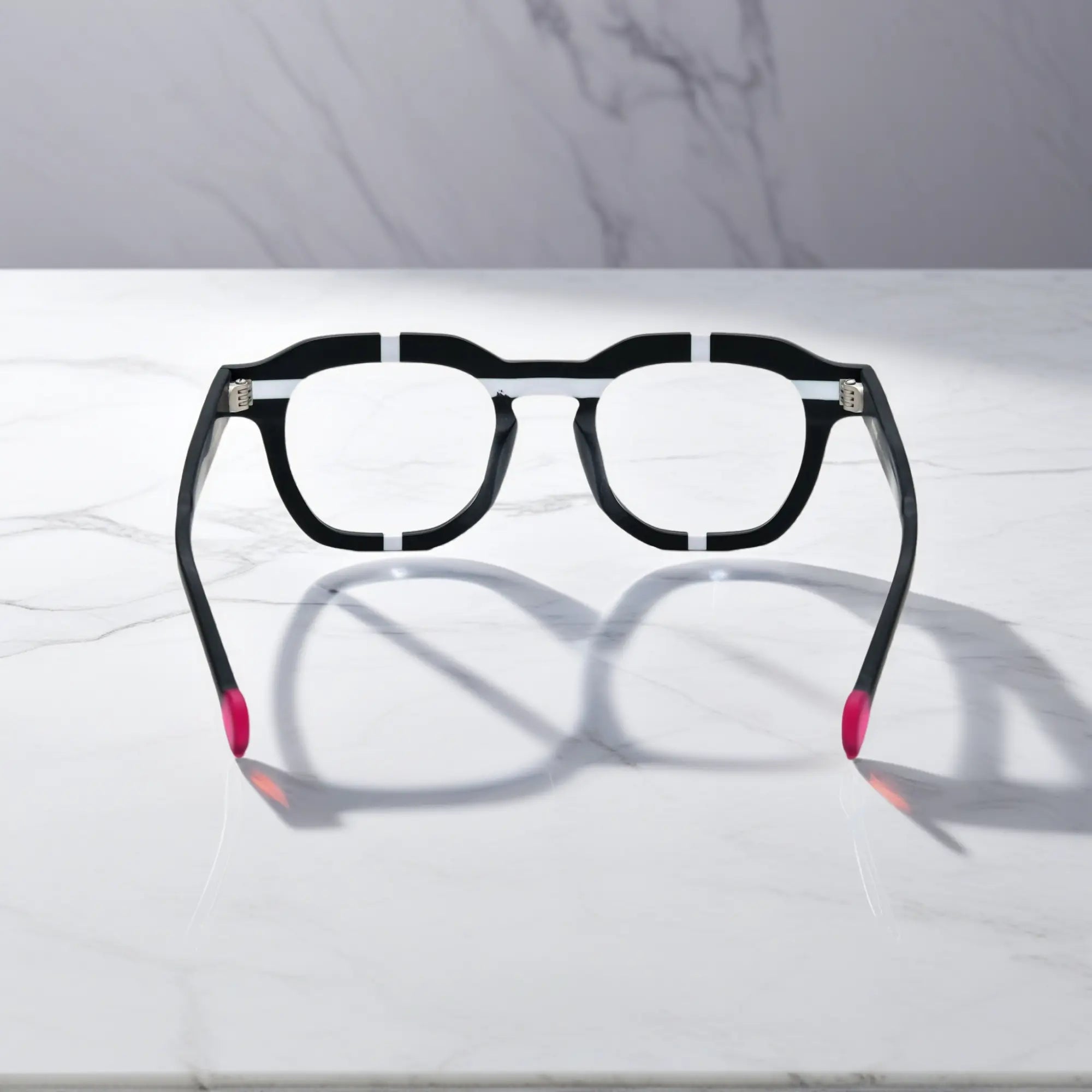 Rear view highlighting hinge and temple tips of the Charcoal Stripe frame